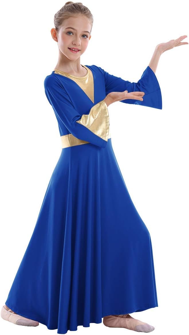 Vestidos De Danza Para Nias Girls' Metallic Gold Praise Dance Dress - Long  Sleeve Liturgical Worship Costume For Church & Performance Girls Metallic Gold  Liturgical Worship Costume