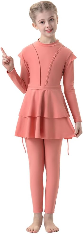 Muslim Swimsuits for Girls Kids Butterfly Islamic Swimwear Burkini Full Cover Hijab Top Pants Swim Costume Bathing SuitCoral Color 3pcs