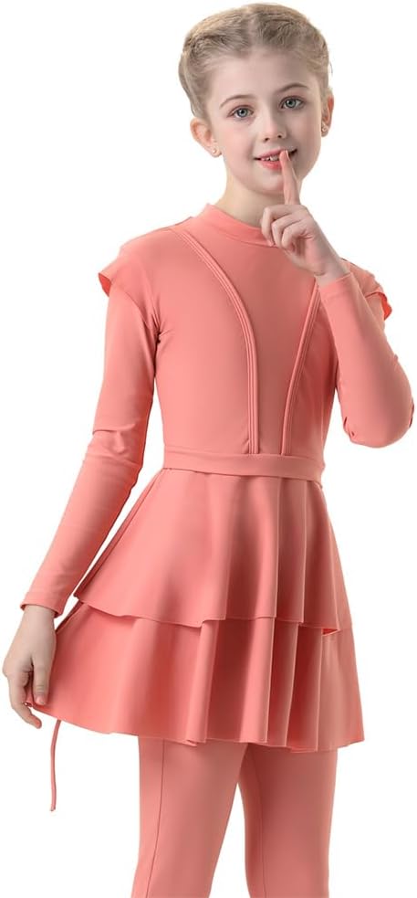 Muslim Swimsuits for Girls Kids Butterfly Islamic Swimwear Burkini Full Cover Hijab Top Pants Swim Costume Bathing SuitCoral Color 3pcs