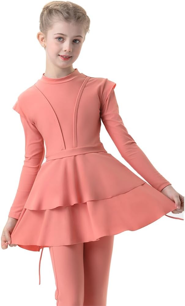 Muslim Swimsuits for Girls Kids Butterfly Islamic Swimwear Burkini Full Cover Hijab Top Pants Swim Costume Bathing SuitCoral Color 3pcs