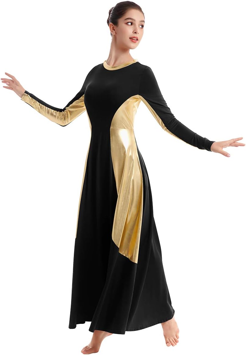 Women's Metallic Praise Dance Dress - Gold Bell Sleeve Liturgical Worship Costume