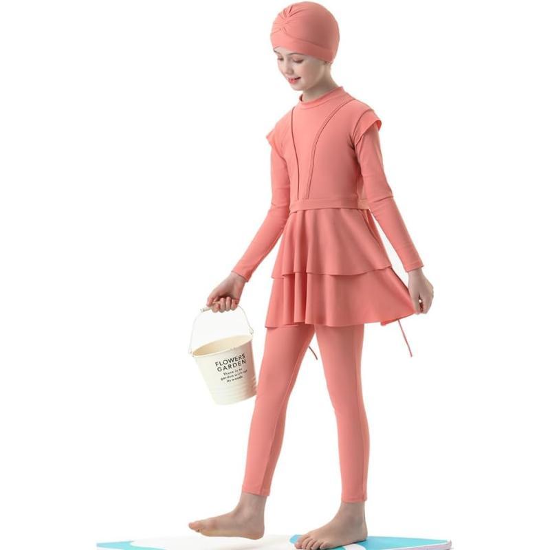 Muslim Swimsuits for Girls Kids Butterfly Islamic Swimwear Burkini Full Cover Hijab Top Pants Swim Costume Bathing SuitCoral Color 3pcs