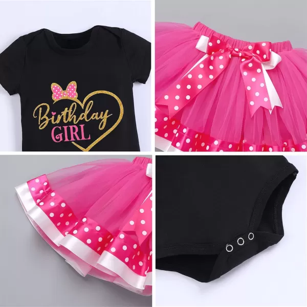 12 1st 2nd Birthday Girl Outfit Baby Romper Polka Dot Tutu Skirt Bowknot Headband Costume for Cake Smash Photo ShootBlack  Hot Pink Heart