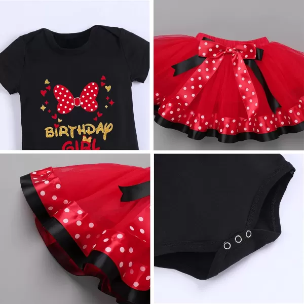 12 1st 2nd Birthday Girl Outfit Baby Romper Polka Dot Tutu Skirt Bowknot Headband Costume for Cake Smash Photo ShootBlack  Red Bow