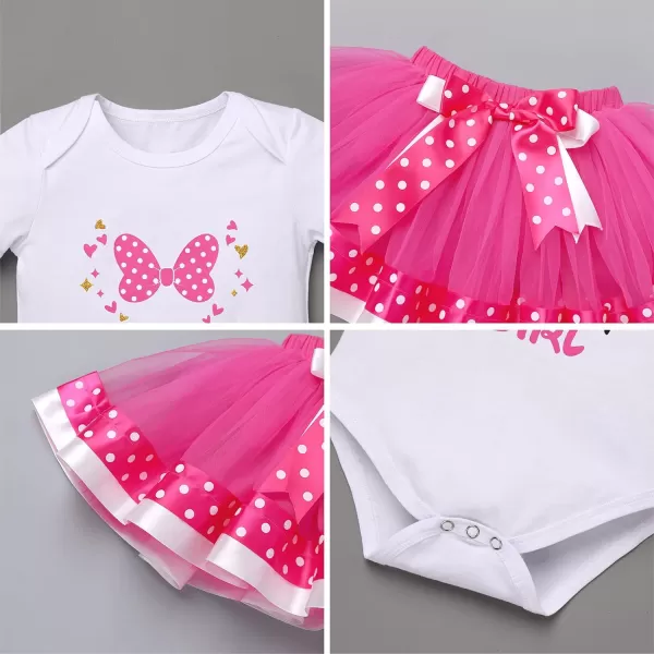 12 1st 2nd Birthday Girl Outfit Baby Romper Polka Dot Tutu Skirt Bowknot Headband Costume for Cake Smash Photo ShootHot Pink Bow