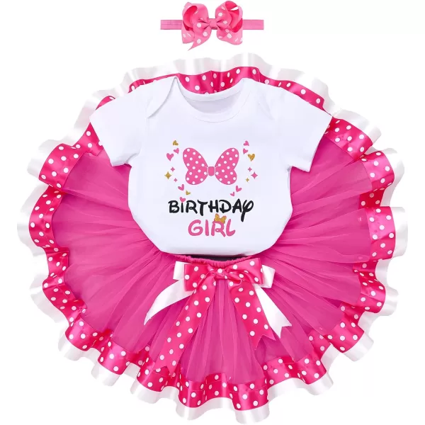 12 1st 2nd Birthday Girl Outfit Baby Romper Polka Dot Tutu Skirt Bowknot Headband Costume for Cake Smash Photo ShootHot Pink Bow