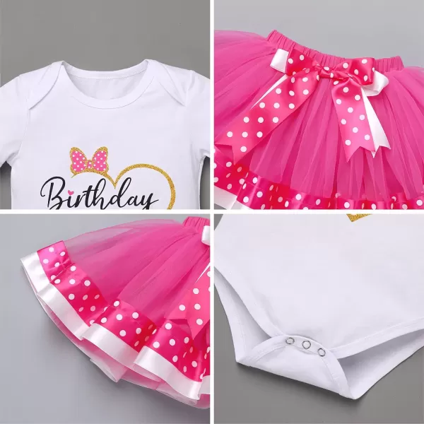 12 1st 2nd Birthday Girl Outfit Baby Romper Polka Dot Tutu Skirt Bowknot Headband Costume for Cake Smash Photo ShootHot Pink Heart