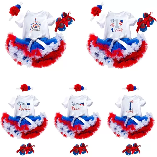 4th of July Baby Girl Birthday Outfit American Flag RomperRuffle Tulle SkirtHeadbandShoes Independence Day 4pcs SetWhite  1st 4 July