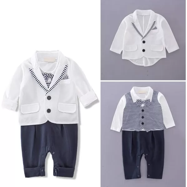 Baby Boy Formal Suit Gentleman Outfit OnePiece Bowtie Tuxedo Romper Jumpsuit with Jacket Wedding Baptism Party ClothesBaby Boy Formal Suit Gentleman Outfit OnePiece Bowtie Tuxedo Romper Jumpsuit with Jacket Wedding Baptism Party Clothes