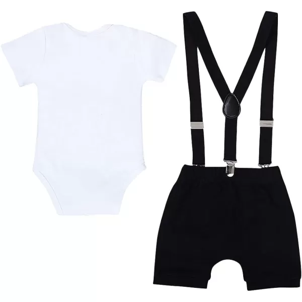 Baby Boys 1st Birthday Cake Smash Outfit Bowtie Romper Suspenders Shorts Pants Formal Suit Clothes for Photo Shoot PartyBlack