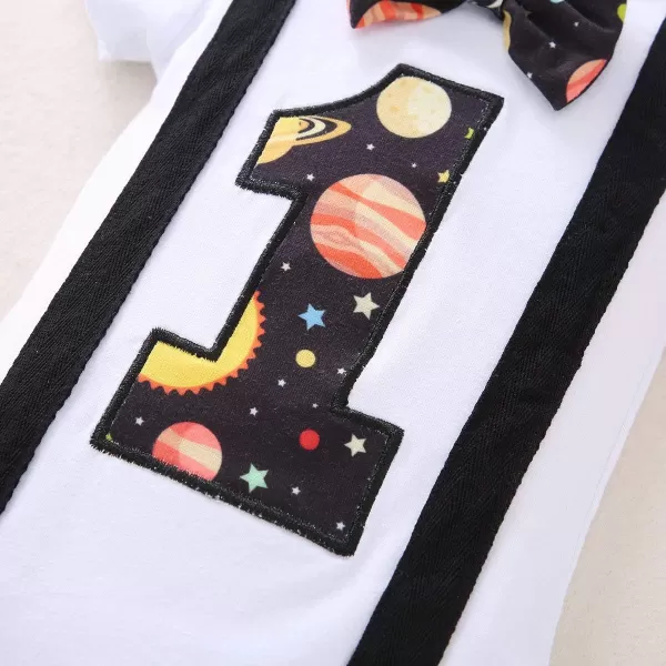 Baby Boys 1st Birthday Cake Smash Outfit Bowtie Romper Suspenders Shorts Pants Formal Suit Clothes for Photo Shoot PartyBlack Galaxy 01