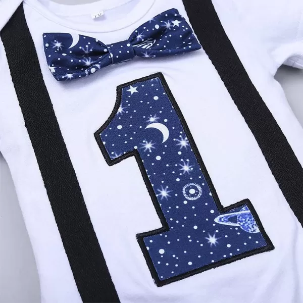 Baby Boys 1st Birthday Cake Smash Outfit Bowtie Romper Suspenders Shorts Pants Formal Suit Clothes for Photo Shoot PartyBlue Galaxy