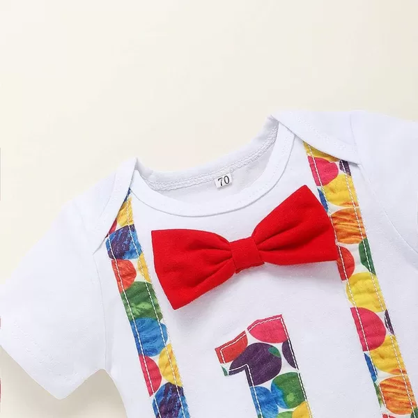 Baby Boys 1st Birthday Cake Smash Outfit Bowtie Romper Suspenders Shorts Pants Formal Suit Clothes for Photo Shoot PartyColorful Red