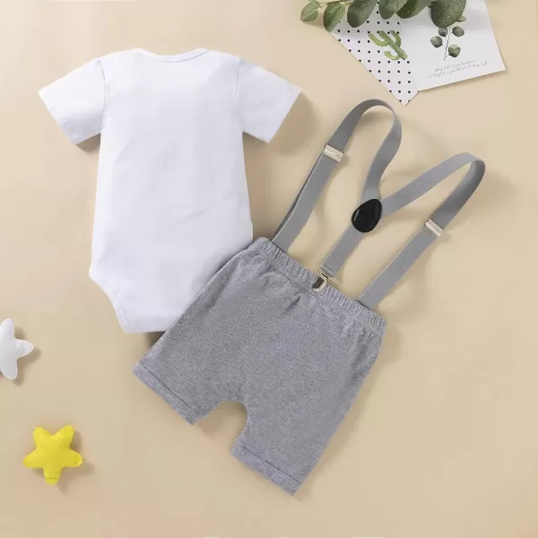 Baby Boys 1st Birthday Cake Smash Outfit Bowtie Romper Suspenders Shorts Pants Formal Suit Clothes for Photo Shoot PartyGray  Blue No1