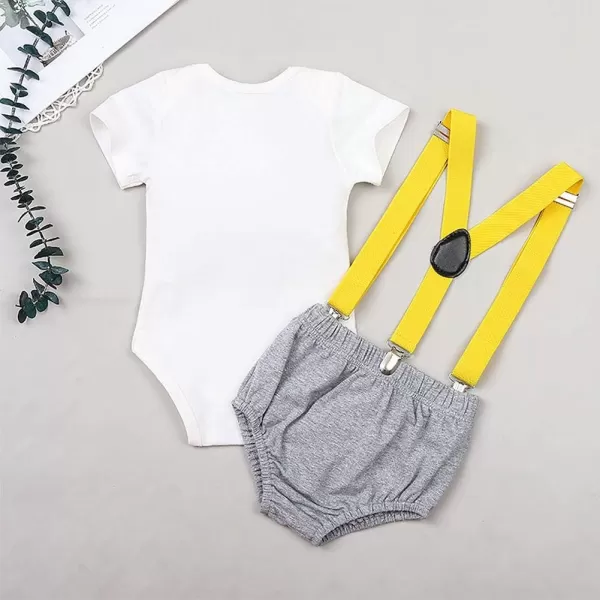 Baby Boys 1st Birthday Cake Smash Outfit Bowtie Romper Suspenders Shorts Pants Formal Suit Clothes for Photo Shoot PartyGray Excavator