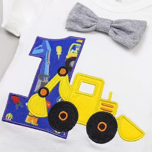 Baby Boys 1st Birthday Cake Smash Outfit Bowtie Romper Suspenders Shorts Pants Formal Suit Clothes for Photo Shoot PartyGray Excavator