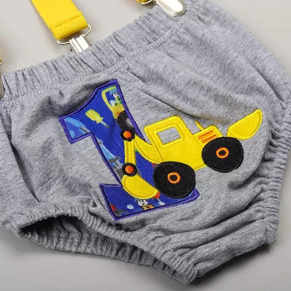 Baby Boys 1st Birthday Cake Smash Outfit Bowtie Romper Suspenders Shorts Pants Formal Suit Clothes for Photo Shoot PartyGray Excavator