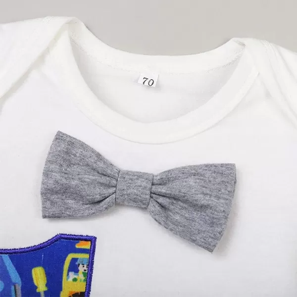 Baby Boys 1st Birthday Cake Smash Outfit Bowtie Romper Suspenders Shorts Pants Formal Suit Clothes for Photo Shoot PartyGray Excavator