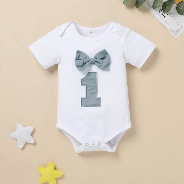 Baby Boys 1st Birthday Cake Smash Outfit Bowtie Romper Suspenders Shorts Pants Formal Suit Clothes for Photo Shoot PartyGray No1