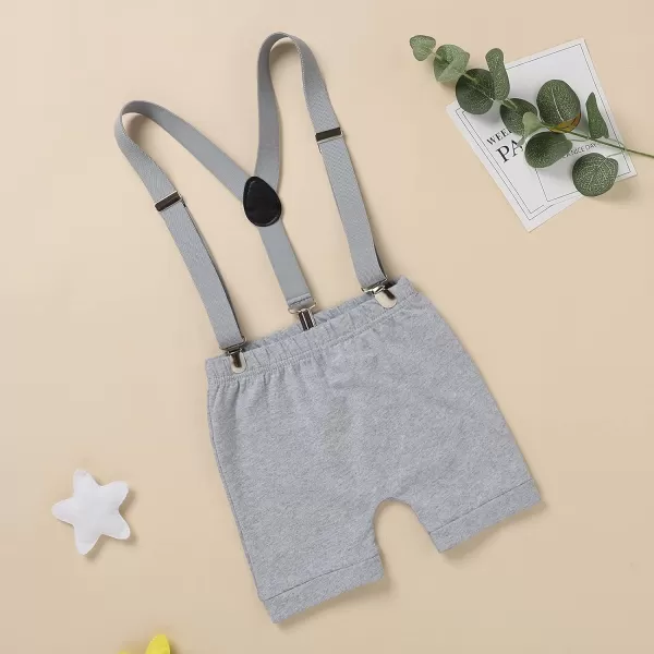 Baby Boys 1st Birthday Cake Smash Outfit Bowtie Romper Suspenders Shorts Pants Formal Suit Clothes for Photo Shoot PartyGray No1