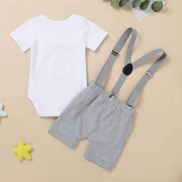 Baby Boys 1st Birthday Cake Smash Outfit Bowtie Romper Suspenders Shorts Pants Formal Suit Clothes for Photo Shoot PartyGray No1