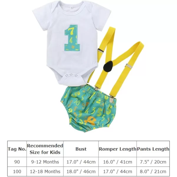 Baby Boys 1st Birthday Cake Smash Outfit Bowtie Romper Suspenders Shorts Pants Formal Suit Clothes for Photo Shoot PartyGreen Number