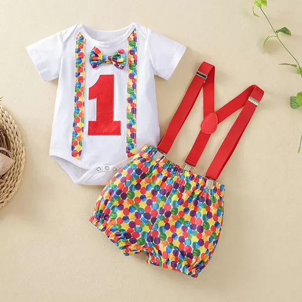 Baby Boys 1st Birthday Cake Smash Outfit Bowtie Romper Suspenders Shorts Pants Formal Suit Clothes for Photo Shoot PartyRed  Colorful Stones