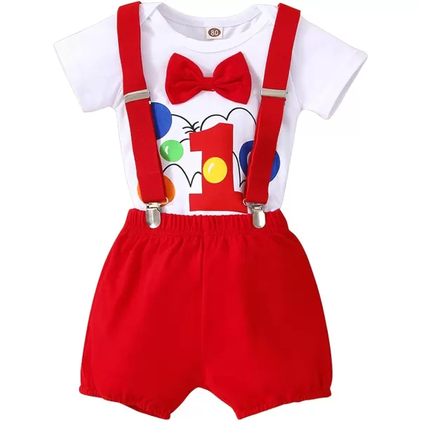 Baby Boys 1st Birthday Cake Smash Outfit Bowtie Romper Suspenders Shorts Pants Formal Suit Clothes for Photo Shoot PartyRed Balloon