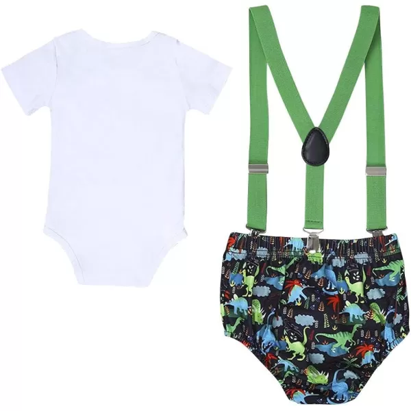 Baby Boys 1st Birthday Cake Smash Outfit Bowtie Romper Suspenders Shorts Pants Formal Suit Clothes for Photo Shoot PartyWhite  Green Dinosaur