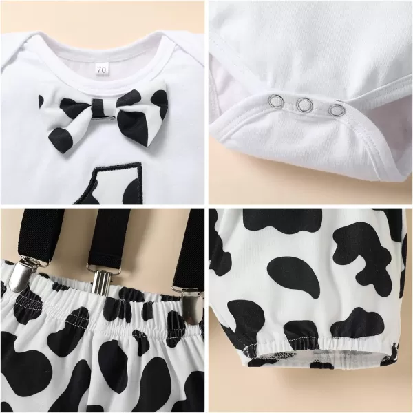 Baby Boys 1st Birthday Cake Smash Outfit Bowtie Romper Suspenders Shorts Pants Formal Suit Clothes for Photo Shoot PartyWhite Cow