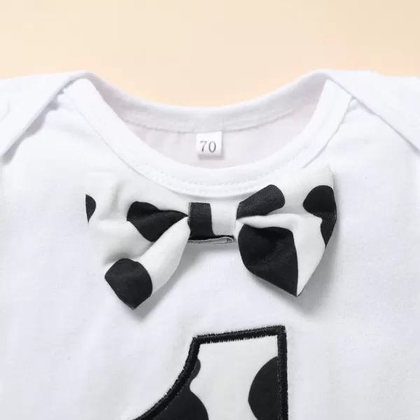 Baby Boys 1st Birthday Cake Smash Outfit Bowtie Romper Suspenders Shorts Pants Formal Suit Clothes for Photo Shoot PartyWhite Cow