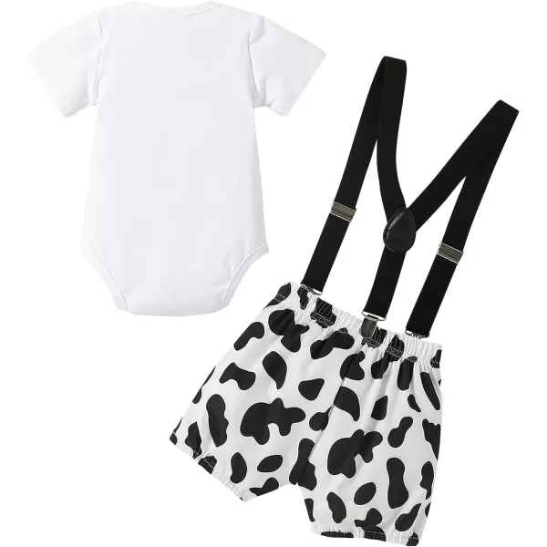 Baby Boys 1st Birthday Cake Smash Outfit Bowtie Romper Suspenders Shorts Pants Formal Suit Clothes for Photo Shoot PartyWhite Cow