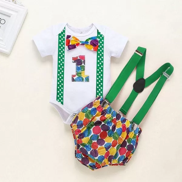 Baby Boys 1st Birthday Cake Smash Outfit Bowtie Romper Suspenders Shorts Pants Formal Suit Clothes for Photo Shoot PartyY Green Colorful 2pcs