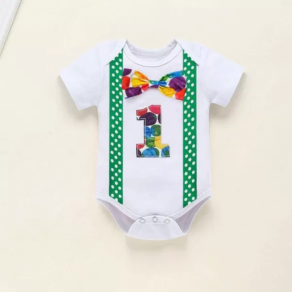 Baby Boys 1st Birthday Cake Smash Outfit Bowtie Romper Suspenders Shorts Pants Formal Suit Clothes for Photo Shoot PartyY Green Colorful 2pcs