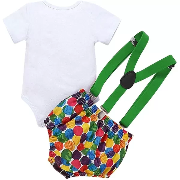 Baby Boys 1st Birthday Cake Smash Outfit Bowtie Romper Suspenders Shorts Pants Formal Suit Clothes for Photo Shoot PartyY Green Colorful 2pcs