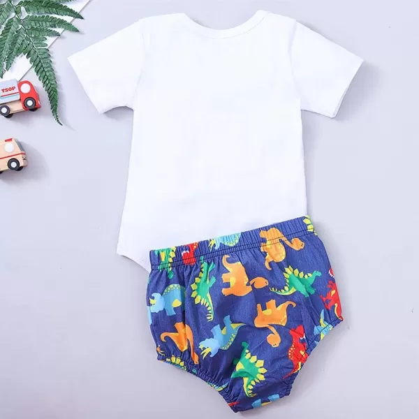 Baby Boys 1st Birthday Cake Smash Outfit Bowtie Romper Suspenders Shorts Pants Formal Suit Clothes for Photo Shoot PartyY White Dinosaur 2pcs