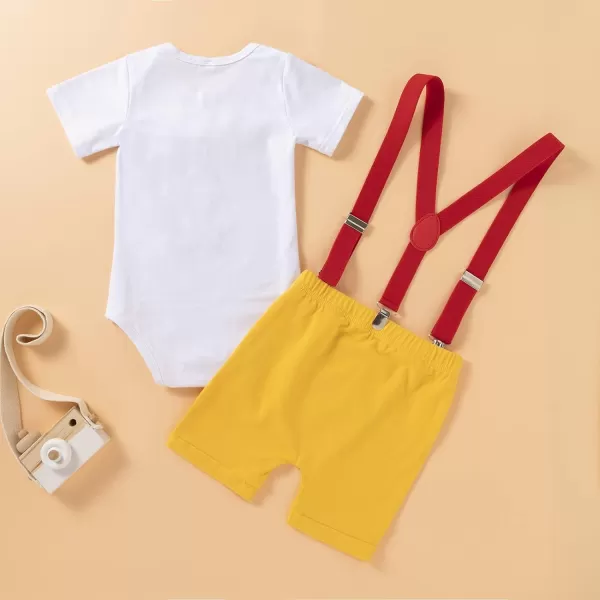 Baby Boys 1st Birthday Cake Smash Outfit Bowtie Romper Suspenders Shorts Pants Formal Suit Clothes for Photo Shoot PartyYellow No1