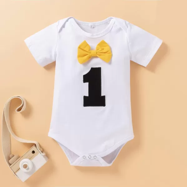 Baby Boys 1st Birthday Cake Smash Outfit Bowtie Romper Suspenders Shorts Pants Formal Suit Clothes for Photo Shoot PartyYellow No1