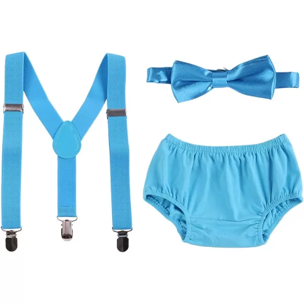 Baby Boys Cake Smash Clothes Diaper Suspenders Pants Bow Tie 3PCS Set First 1st 2nd Birthday Outfit for Photo Prop PartyBlue