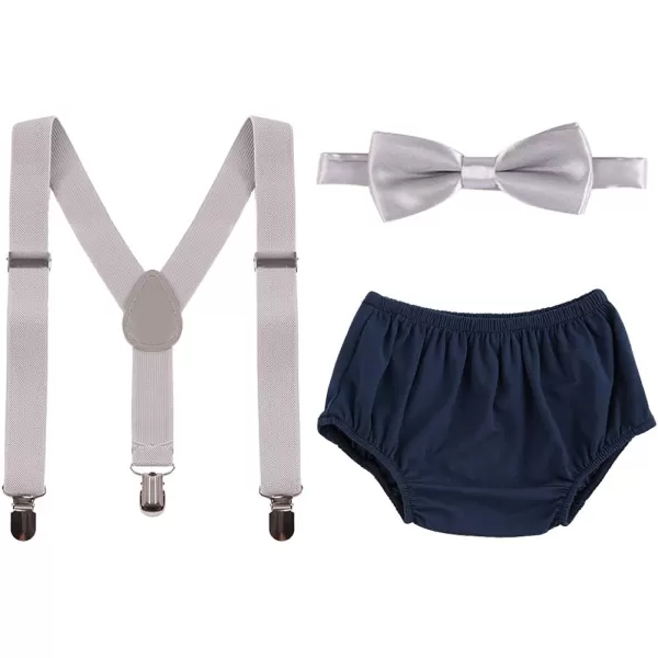 Baby Boys Cake Smash Clothes Diaper Suspenders Pants Bow Tie 3PCS Set First 1st 2nd Birthday Outfit for Photo Prop PartyGray  Navy Blue