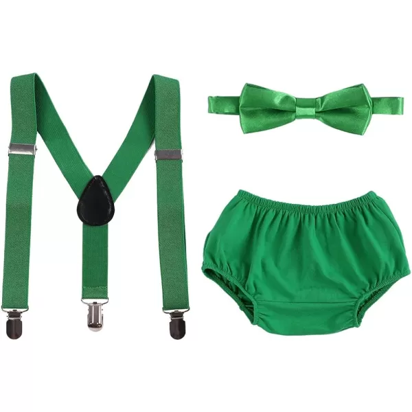 Baby Boys Cake Smash Clothes Diaper Suspenders Pants Bow Tie 3PCS Set First 1st 2nd Birthday Outfit for Photo Prop PartyGreen