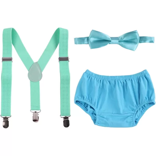 Baby Boys Cake Smash Clothes Diaper Suspenders Pants Bow Tie 3PCS Set First 1st 2nd Birthday Outfit for Photo Prop PartyLight Green  Blue