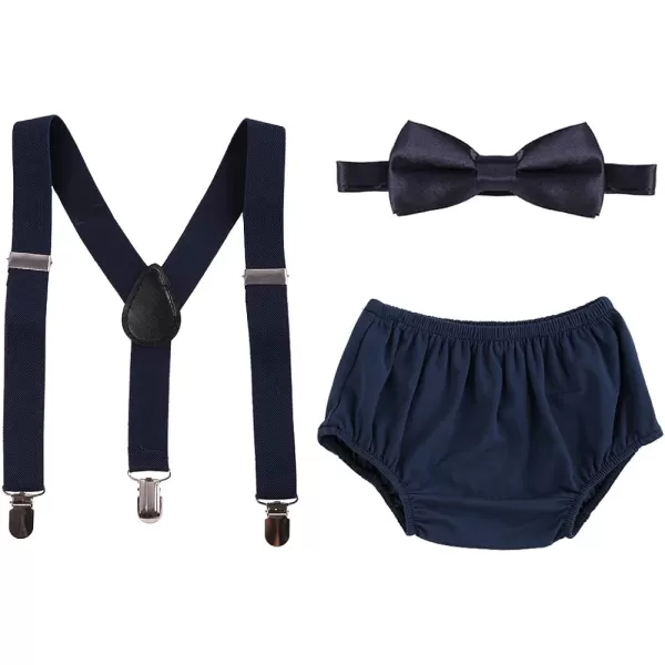 Baby Boys Cake Smash Clothes Diaper Suspenders Pants Bow Tie 3PCS Set First 1st 2nd Birthday Outfit for Photo Prop PartyNavy Blue