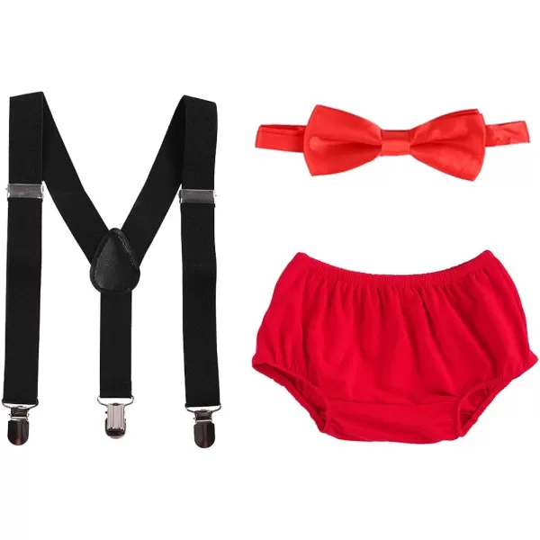 Baby Boys Cake Smash Clothes Diaper Suspenders Pants Bow Tie 3PCS Set First 1st 2nd Birthday Outfit for Photo Prop PartyRed  Black