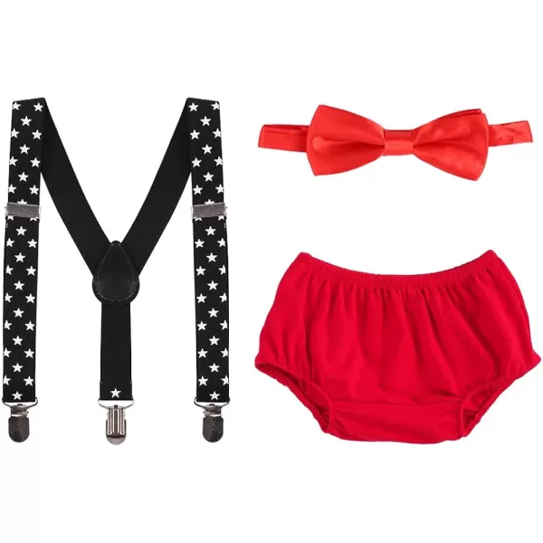 Baby Boys Cake Smash Clothes Diaper Suspenders Pants Bow Tie 3PCS Set First 1st 2nd Birthday Outfit for Photo Prop PartyRed  Black amp White Stars