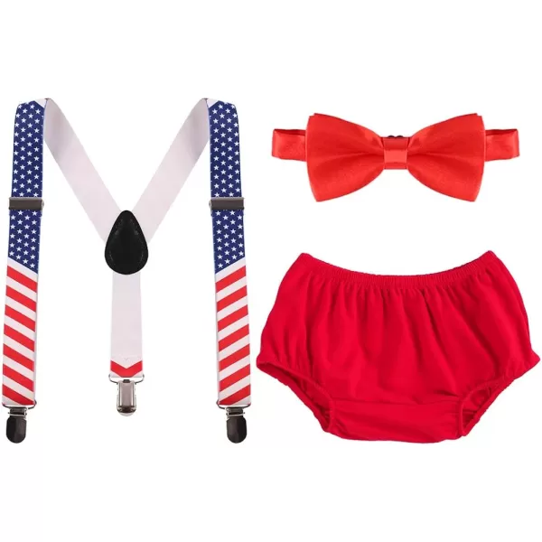 Baby Boys Cake Smash Clothes Diaper Suspenders Pants Bow Tie 3PCS Set First 1st 2nd Birthday Outfit for Photo Prop PartyRed  Stars amp Stripes