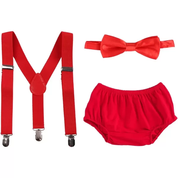 Baby Boys Cake Smash Clothes Diaper Suspenders Pants Bow Tie 3PCS Set First 1st 2nd Birthday Outfit for Photo Prop PartyRed