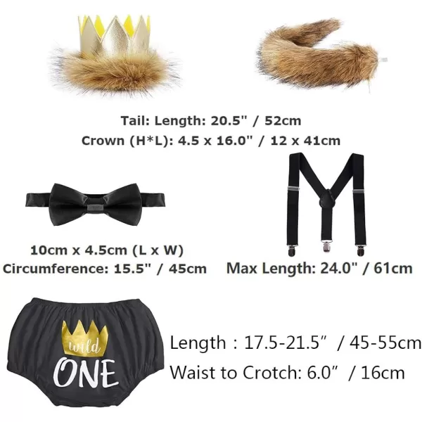 Baby Boys Cake Smash First Birthday Outfit Bloomers Suspender Bowtie Set Lion Headband Tail Costume 5pcs Photo PropsBlack  Wild One 01