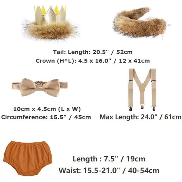 Baby Boys Cake Smash First Birthday Outfit Bloomers Suspender Bowtie Set Lion Headband Tail Costume 5pcs Photo PropsBrown