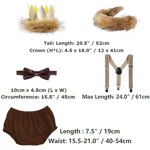 Baby Boys Cake Smash First Birthday Outfit Bloomers Suspender Bowtie Set Lion Headband Tail Costume 5pcs Photo PropsCoffee